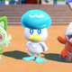 Pokémon Scarlet and Violet's Gen 9 starters stand in front of some steps ready for battle.